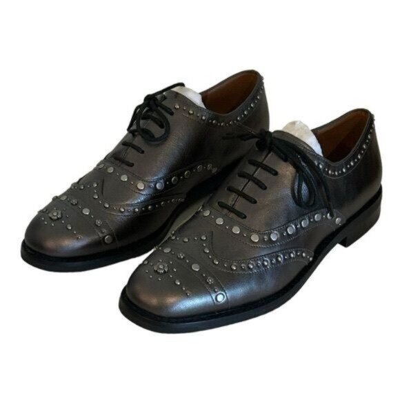 Coach Tegan Oxford Black Leather Tea Rose Studs Lace Up Shoes Size 7 B NWOT - Picture 2 of 7